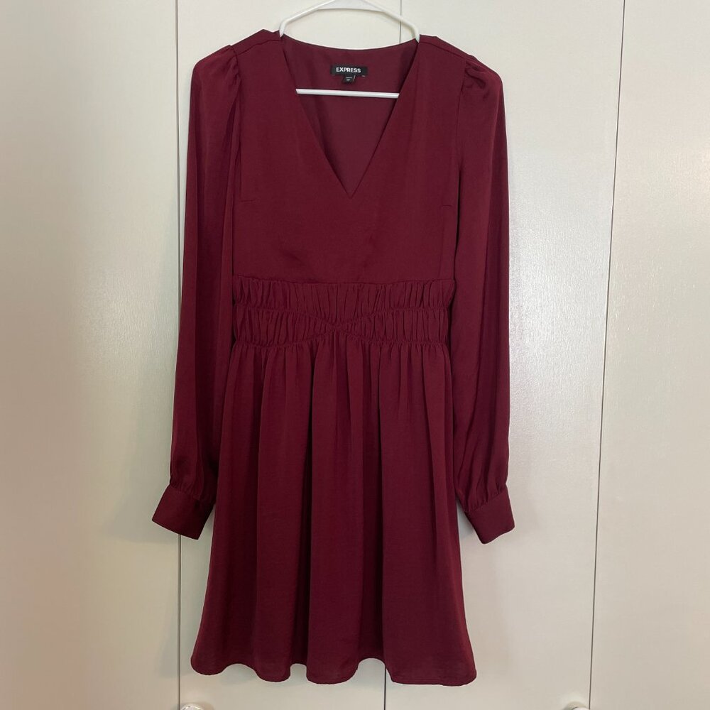 XS Maroon V-Neck Cinched Waist Long Sleeve Express Dress